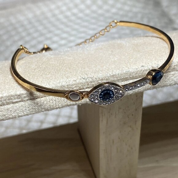 Swarovski Evil Eye Bangle Bracelet Gold-Tone Blue Crystal Small Swan Logo - Picture 8 of 13